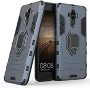 Compatible with Huawei Mate 9 Case, Metal Ring Grip Kickstand Shockproof Hard Bumper Shell (Works with Magnetic Car Mount) Dual Layer Rugged Cover for Huawei Mate9 (Navy Blue)