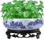 Lotus Planter with Base, Blue and White Ceramic Lotus Bowl Planter, Decorative Round Flowerpot Hydroponic Container for Garden, Balcony, Office, Bowl-