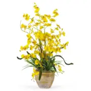 NEW 26" ARTIFICIAL SILK ORCHID YELLOW FLOWER ARRANGEMENT w/ CERAMIC POT