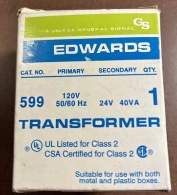 New Edwards 599 Class 2 Trnsformr,40VA,120V Prim, 24 Secondary