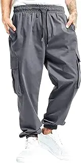[Aosufei] Men's Elastic Waist Straight Leg Cargo Pants Lightweight Baggy Work Trousers Casual Drawstring Solid Summer Pants