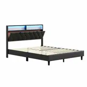 Led Bed Frame Queen Size Mattress Base Platform with Storage Headboard Wooden Bedhead Foundation Shelf Bookcase Bedroom Furniture Black PU