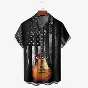 Men's Guitar Musical Instrument US Flag Shirt Summer Shirt Button Up Shirt Short Sleeve Vintage Retro Outdoor Vacation Dailywear Summer Spring Turndown 3D Prin