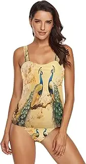 [Joisal] Turquoise Feathers Bandeau Tankini Swimsuits for Women, Swim Tank Top Women with Bikini Bottom Woman Swimsuit