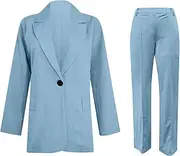 [WAJCSHFS] Pants for Women 2 Piece Lapels Suit Sets Office Business Long Sleeve Button Formal and Loose Trousers, Z12-light Blue