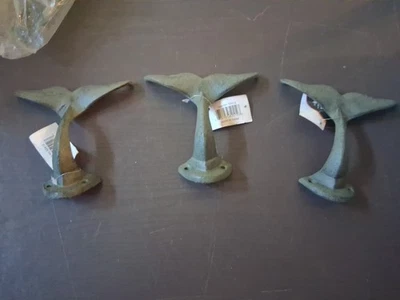 3 Cast Iron Whale Tail Mermaid Dolphin Hook Coat Hat Towel Rustic Sea