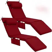 RattanView 2 Pcs Outdoor Chaise Lounge Cushion with Pillow and Side Pockets Waterproof Lounge Chair Cushions 72 x 21 x 4 Inch Patio Replacement Lounger Pad for Outdoor Furniture Pool (Brick Red)