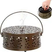 SNOKAY Retro Bronze Mosquito Coil Holder with Handle, Portable Round Fireproof Incense Burner for Indoor, Outdoor, Home, Camping Use
