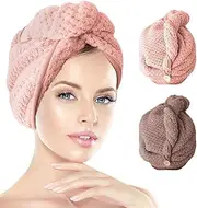 Xingbing 2 Pack Microfiber Hair Drying Towels, Head Wrap Towel, Super Absorbent Hair Towel Turban with Button Design to Dry Hair Quickly, Pink & Beige