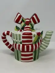 Christmas Festive Red And White Teapot By Transpac holiday ribbon VHTF ceramic