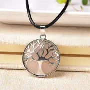 10pcs Tree of Life Rose Quartz Crystal Round Pendant, Healing Crystal Necklace