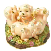 Pig Family Figurine Statue Collectible Enamel Pink Crystal Antique Trinket Box