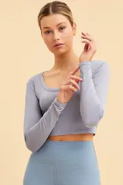 Blue Crop Top Smooth Long Sleeve Scoop Neck - Size M, Women's Long Sleeve