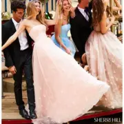 NWT Sherri Hill Blush Pink Strapless Satin Ball Gown Tulle Flower Applique 2