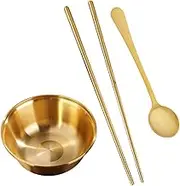 DONFAMDS 1Set Brass Serving Bowl Dinnerware with Chopsticks Spoon Salad Mixing Bowl for Noodles Fruits Kitchen Tableware Lightweight Easy to Clean