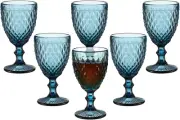 Vintage Wine Glasses Set of 6, 10 Ounce Colored Glass Water Goblets, Unique Embo