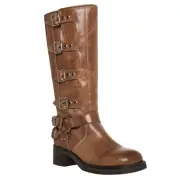 Steve Madden Women's Brocks Buckled Mid Calf Moto Boots Distressed Brown Size 8