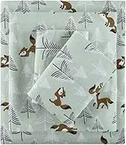 Intelligent Design Cozy Soft 100% Cotton Flannel Print Animals Stars Cute Warm, Ultra Soft Cold Weather Sheet Set Bedding, Queen, Seafoam Foxes 4 Piece