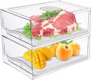 Anshine 2 Pack Clear Fridge Organizer,Pull Out Stackable Fridge Organiser with Lids、Draining Tray and Drawer, Storage Containers with Ventilation System for Kitchen Organization (2 pack large size)