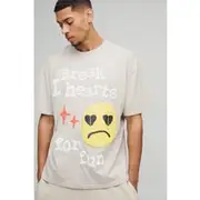 Mens Stone Oversized Break Hearts Slogan Puff Print T-Shirt
