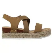 Women's Sandals Espadrilles Platform Ankle X Strap Elastics Closure Tan PU SZ 6