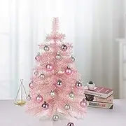 Small Pink Christmas Tree, Tabletop Mini Tree With Balls, LED Lights and Plastic Stand, Simulation Xmas Tree