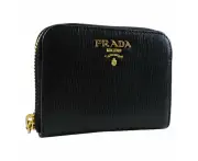 Prada Black Vitello Leather Gold Zip Coin Purse Wallet