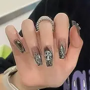 KAVI' S 24pcs Black French Tip Stick on Nails Coffin Medium Long Press on Nails Nude Gradient Glitter Fake Nails Ballerina Acrylic False Nails Jerry Glue for Women Girls Nail Art (Croixin)