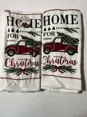 Christmas Kitchen Tea Towel Set 2 pc “Home For Christmas” Red Retro Truck Print