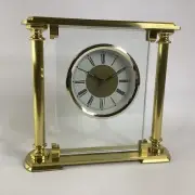 Brass Desk Alarm Clock Columns and Glass Roman NumeralTwo-Tone Clock Face - NOB