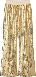[WELAKEN] Girls Sequin Flare Pants Sparkle Elastic Waist Dance Pants with Pockets