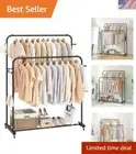 Double Rods Garment Rack with Wheels, Clothing Rack for Hanging Clothes,4 Hoo...