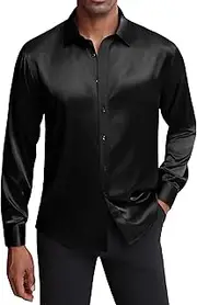 [J.VER] Men's Silk Satin Long Sleeve Dress Shirts Shiny Casual Button Down Shirt Luxury Party Prom Shirts