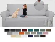 JIVINER High Stretch Couch Covers for 3 Cushion Couch 1-Piece Jacquard Sofa Slipcovers Anti Slip Sofa Cover with Elastic Bottom Furniture Protector for Kids Pets (Sofa, Light Gray and White)