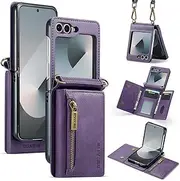 For Samsung Galaxy Z Flip 6 Wallet Case,Fold Leather Wallet Case With 4 card slots and 3 cash slots and 1 zipper pocket,Kickstand Shockproof [RFID Blocking] Phone Cover with Lanyard for Woman (Purple)