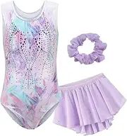 [SEAUR] Girls' Gymnastics Leotards 3 Piece Dance Unitards Set Sleeveless Sparkly Tumbling Athletic Outfit with Skirt Hairband