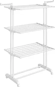 SONGMICS Large Clothes Airer, Foldable Clothes Drying Rack Laundry 4-Tier, Moveable Clothes Horse, 63.5 x 128 x 173 cm, Stainess Steel, Folding Wings, Indoor Outdoor Use, Cloud White LLR701W03