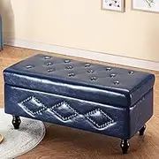 Modern Solid Wooden Pu Leather Rectangular Storage Multifunction Bench Shoe Changing Stool for Living Room Bedroom Entryway Hallway-Blue 60x42x45cm(24x17x18inch)