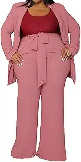 [IyMoo] Plus Size Suits for Women Business Open Front Long Sleeve Blazer Elastic Waist Solid Straight Leg Pant Set Suits