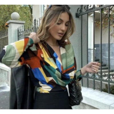 zara FLOWY NECKLINE PRINTED MULTICOLORED top xs 9247/191