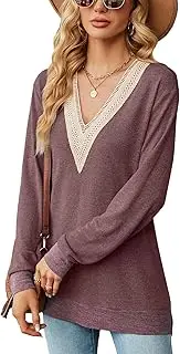 [ZPLxi] Womens Fall Long Sleeve Tops V Neck Lace Trim Lightweight Soft Shirts Color Block Side Split Hem Loose Fit Tunic Blouses