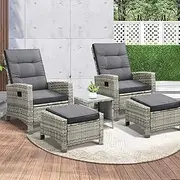 LIVSIP Outdoor Lounge Furniture 5PCS Recliner Table Chair Garden Patio Furniture with Adjustable Footrest and backrest 6CM Seat Cushion,Gray