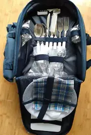 Apollo Walker Picnic Backpack, Set of 2 Utensils Plates Cups Blanket Plaid Blue