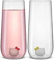 JoyJolt Hello Kitty & Mimmy 3D Icon Highball Glasses, Set of 2 Glass Drinking Glasses, 14oz Kawaii Tall Glasses, Sanrio Glassware, Stuff for Adults