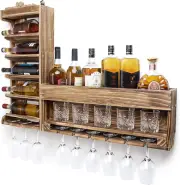 Wine Rack Wall Mounted Wood,Wine Shelf with Bottle Stemware Glass Holder Rustic,