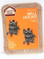 VTG Country Home Decorator Wall Hooks 2pk Owls H16 Antique Brass 2.5" USA NOS