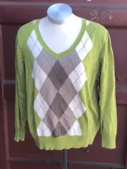 St. John's Bay green and gray argyle pullover V-neck sweater SZ 3x