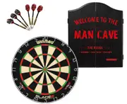 Winmau Blade 6 Dart Board + Winmau Man Cave Dartboard Cabinet + Darts Set