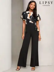 Lipsy Black Floral Flutter Sleeve Tie Side Wide Leg Jumpsuit (E88037) | $83