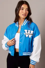Blue NYC Varsity Bomber Jacket - Size M, Women's Jacket